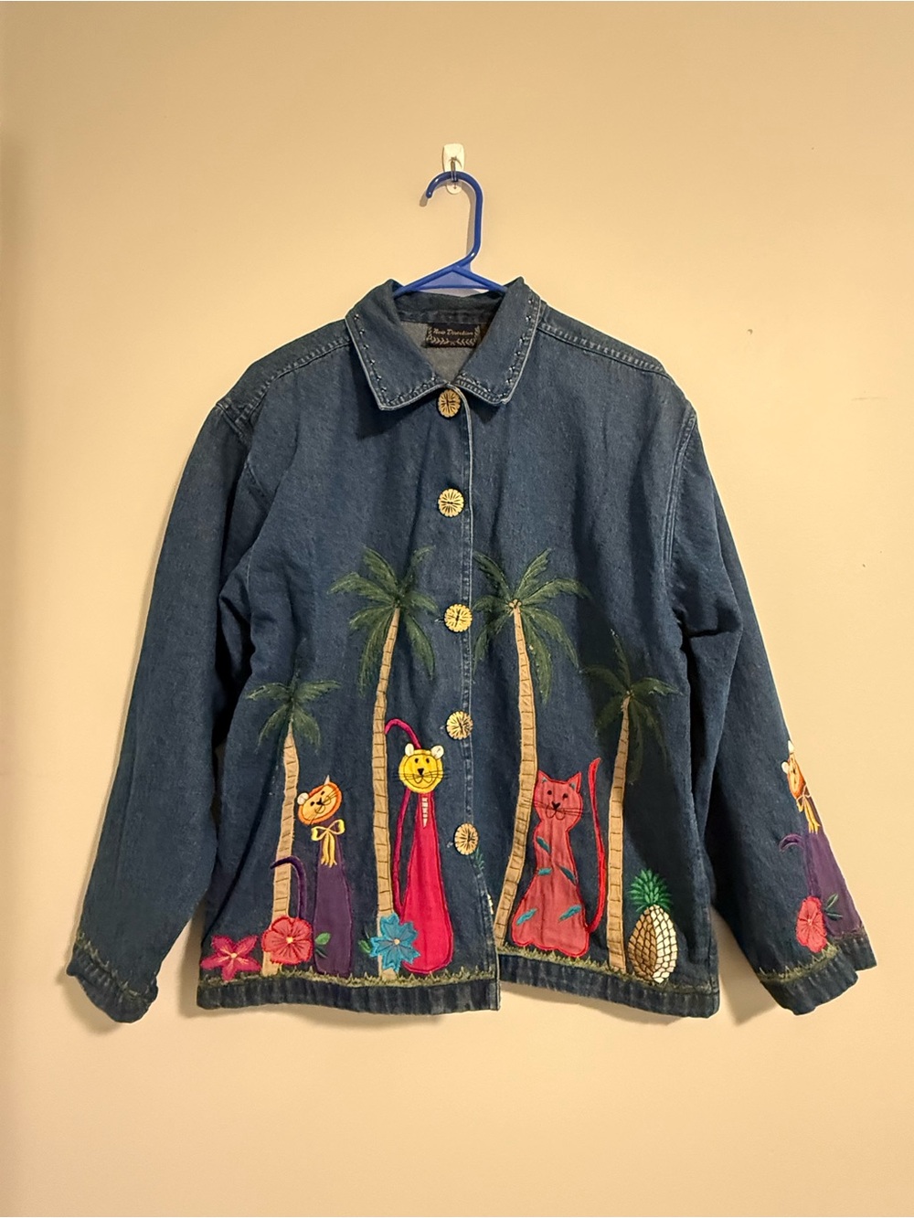 new directions Blue Denim Jacket with Embroidered Tropical Cats